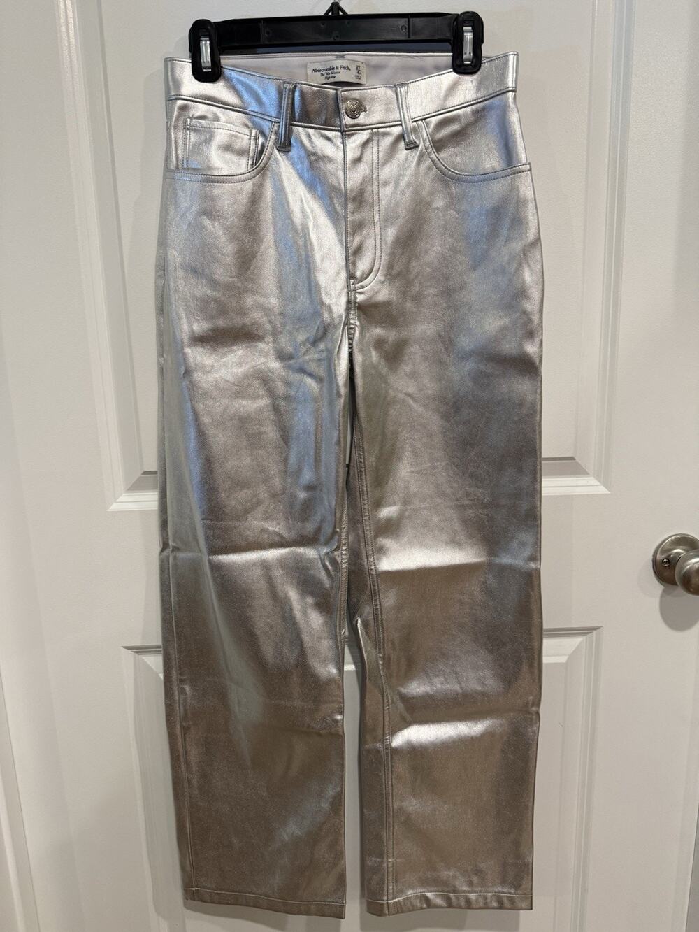 Abercrombie 90s Straight Relaxed High Rise Silver Metallic Pants Sz 27 / 4S